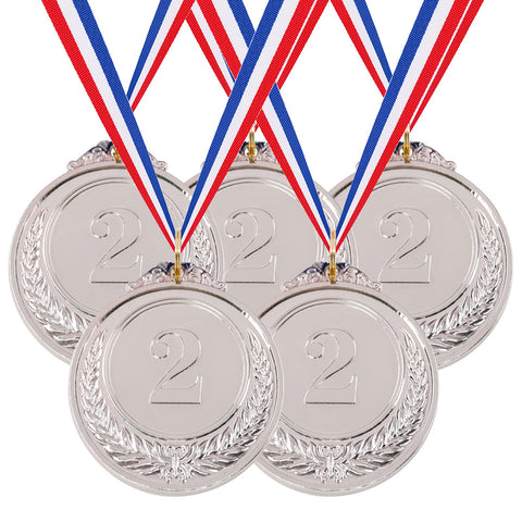 Hilitchi 5Pcs Silver Award Medals - Olympic Style Winner Medals 2nd Place Medals with Ribbon (Silver)