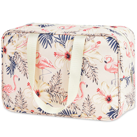 Full Size Toiletry Bag Large Cosmetic Bag Travel Makeup Bag Organizer for Women (Beige Flamingo)