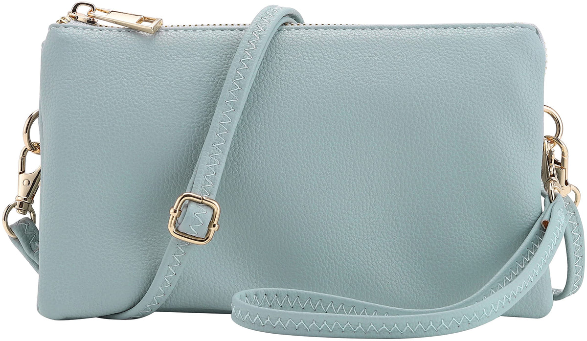 Vegan Leather Multi-Pocket Crossbody Purse/Clutch with Card Slots, Removable Wristlet Strap & Adjustable Shoulder Strap, Opal Blue, S