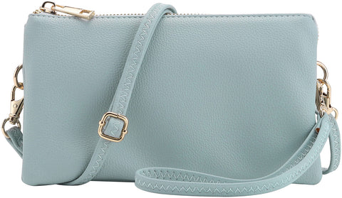 Vegan Leather Multi-Pocket Crossbody Purse/Clutch with Card Slots, Removable Wristlet Strap & Adjustable Shoulder Strap, Opal Blue, S