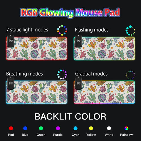 Cute Cactus Wireless Charging Mouse Pad for Mobile Phone Extra Large Gaming Mousepad with 13 Lighting Modes Extended Desk Mat for MacBook Laptop Desk Office Home Gaming