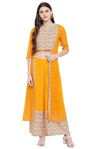 Janasya Women's Yellow Poly Crepe Crop Top with Palazzo and Jacket, Yellow, XXXL