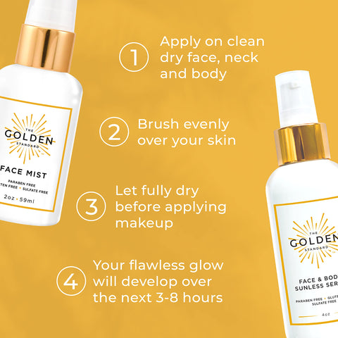 The Golden Standard We've Got You Covered Combo - Face & Body Sunless Serum and Face Mist with Brush - Natural and Hydrating Flawless Sunless Self Tanning for a Buildable Tan - Cruelty Free (2 oz)