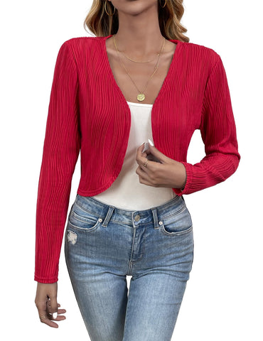 ZAFUL Women's Long Sleeve Cardigan Ribbed Sweaters Cropped Open Front Shrug Boleo Red L