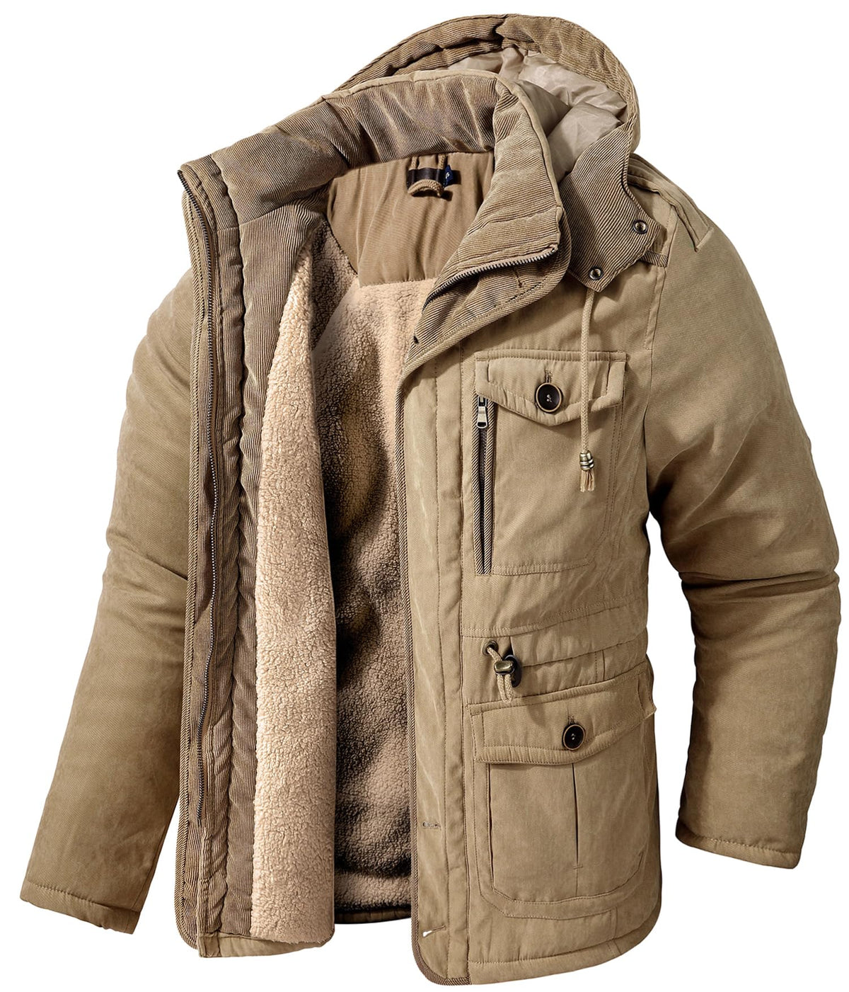 LOUECHY Men's Windproof Hooded Jacket Sherpa Lined Winter Coat Thickened Warm Parka, Khaki, Small