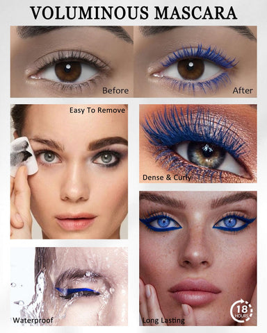 Waterproof Blue Mascara and Eyeliner Pen Set, Smudge-Proof Long-Lasting 4D Colored Mascara Liquid Eyeliner Pencil,Highly Pigmented Lengthening Curling Voluminous Mascara,Colorful Eye Makeup for Women