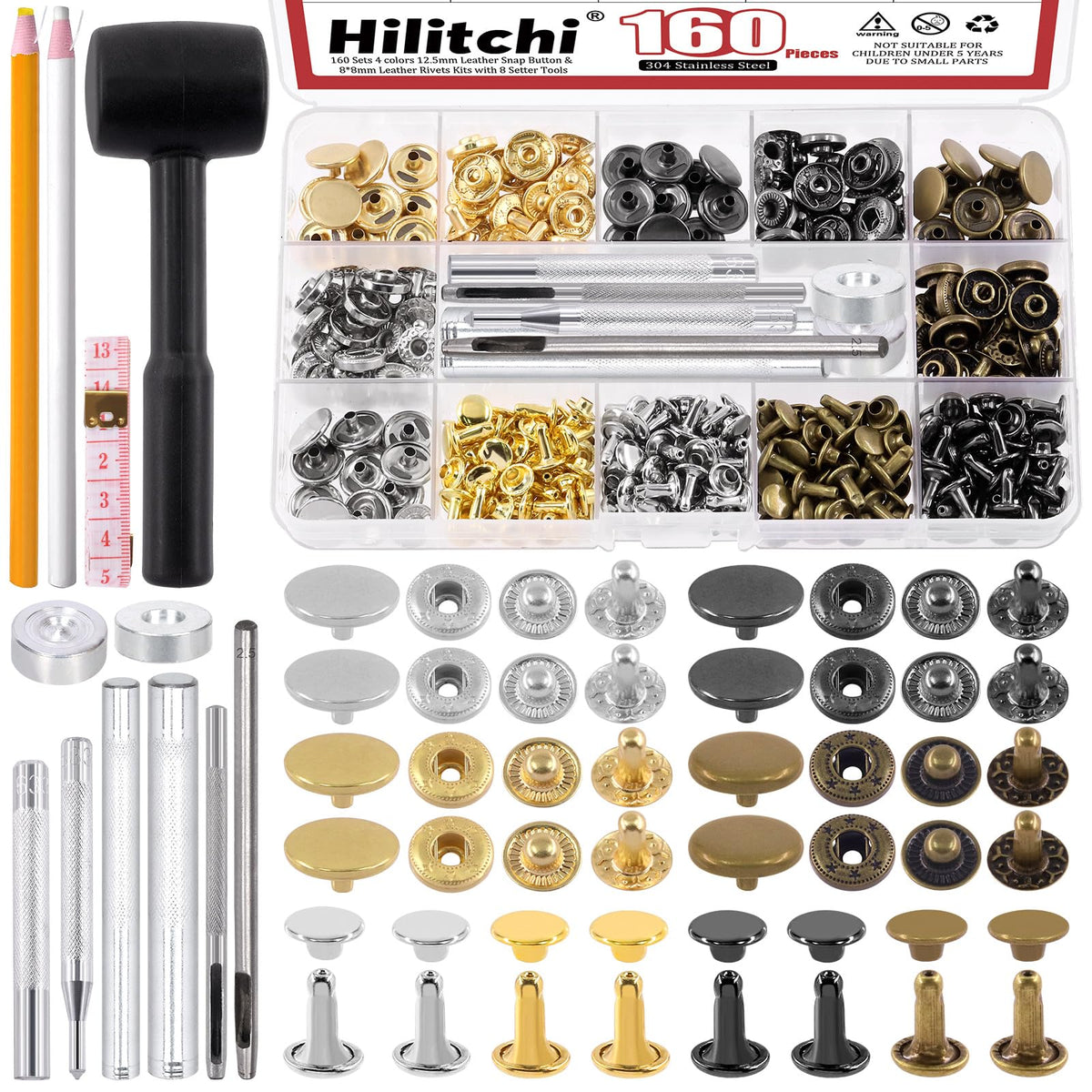Hilitchi 172 Sets 12.5mm Leather Snap Fasteners & 8x8mm Double Cap Rivets Kit, 4 Color Press Studs Metal Button Snaps Leather Rivets Metal Studs Leather Studs with Hammer, Setting Tools, Fabric Marker