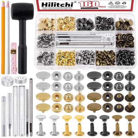 Hilitchi 172 Sets 12.5mm Leather Snap Fasteners & 8x8mm Double Cap Rivets Kit, 4 Color Press Studs Metal Button Snaps Leather Rivets Metal Studs Leather Studs with Hammer, Setting Tools, Fabric Marker