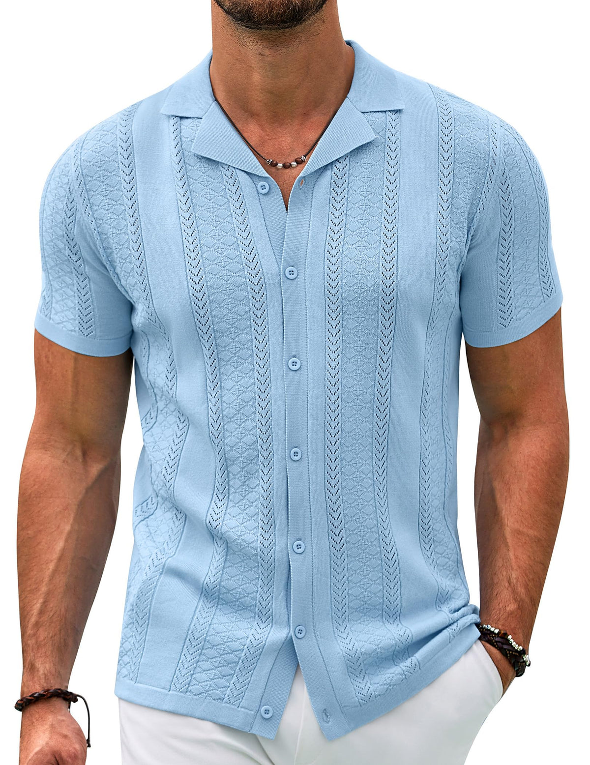 COOFANDY Men Short Sleeve Knit Shirts 80s Vintage Lapel Collar Button Down Golf Polo Shirts Light Blue