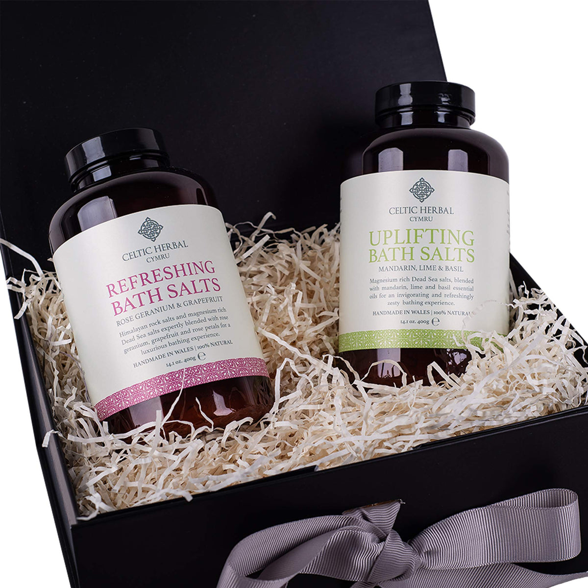 Celtic Herbal Refresh & Revive Bath Salt Gift Box | Rose Geranium & Grapefruit | Mandarin, Lime & Basil | Indulgent 100% Natural Magnesium Salt Infused with Pure Essential Oils