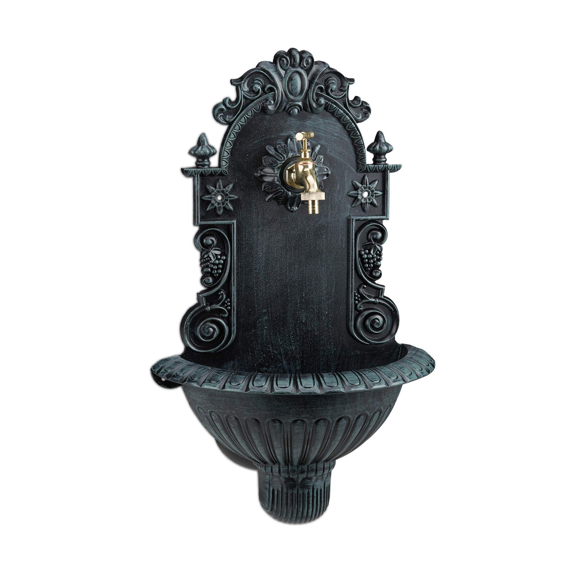 Relaxdays Wall Water Fountain, Antique-Style, Nostalgia, Garden, Patio, Faucet, Hanging Basin, Aluminium, Green, 61.5 x 37.5 x 20 cm