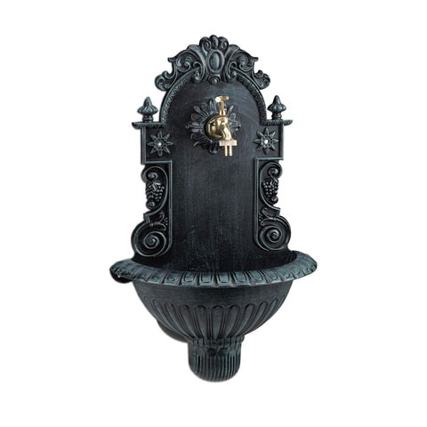 Relaxdays Wall Water Fountain, Antique-Style, Nostalgia, Garden, Patio, Faucet, Hanging Basin, Aluminium, Green, 61.5 x 37.5 x 20 cm