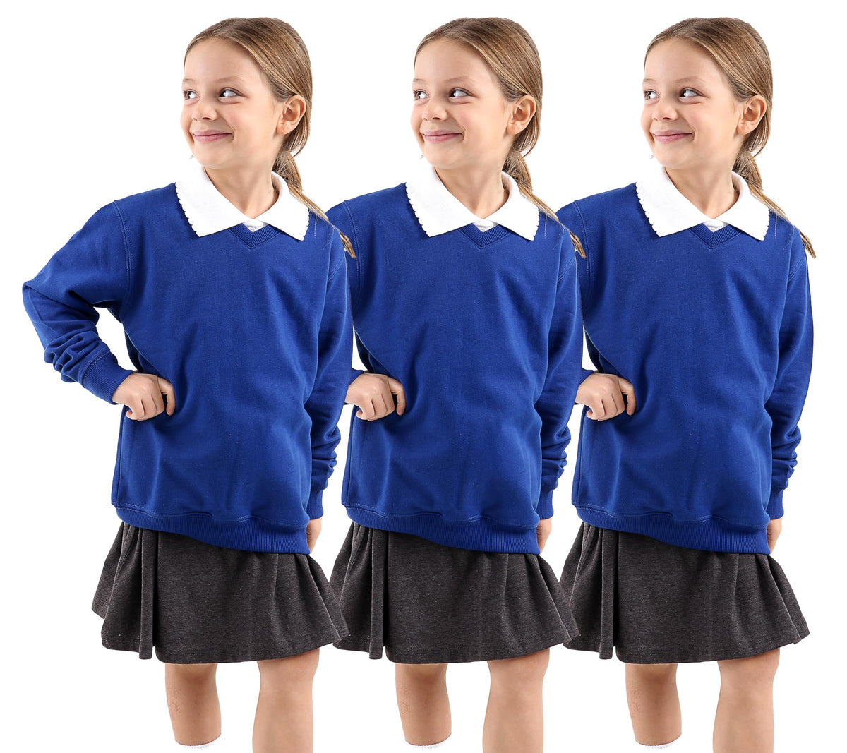 GW CLASSY OUTFIT Girls Boys V Neck (Pack of 3) School Jumpers Kids Long Sleeve Fleece Unisex School Uniform Sweatshirts UK Size (5-13 Years) (13-14 Years, 3x Royal Blue)