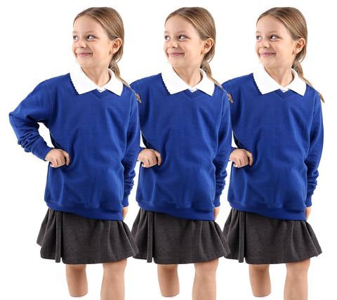 GW CLASSY OUTFIT Girls Boys V Neck (Pack of 3) School Jumpers Kids Long Sleeve Fleece Unisex School Uniform Sweatshirts UK Size (5-13 Years) (13-14 Years, 3x Royal Blue)