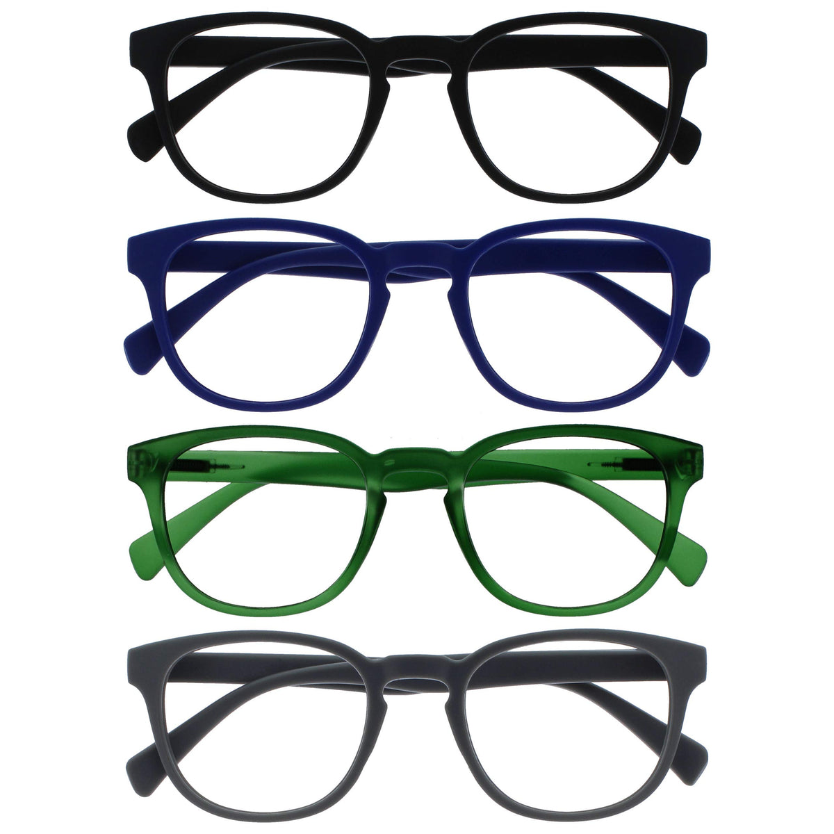 Opulize Pop Reading Glasses 4 Pack Fun Round Matt Frame Black Blue Moss Green Grey Spring Hinges Scratch Resistant Mens Womens RRRR2-1367 +1.50