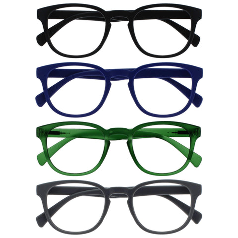 Opulize Pop Reading Glasses 4 Pack Fun Round Matt Frame Black Blue Moss Green Grey Spring Hinges Scratch Resistant Mens Womens RRRR2-1367 +1.50