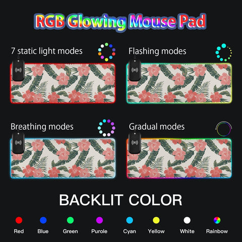 Hibiscus Flowers Wireless Charging Mouse Pad for Mobile Phone Extra Large Gaming Mousepad with 13 Lighting Modes Extended Desk Mat for MacBook PC Laptop Desk Office Home Gaming