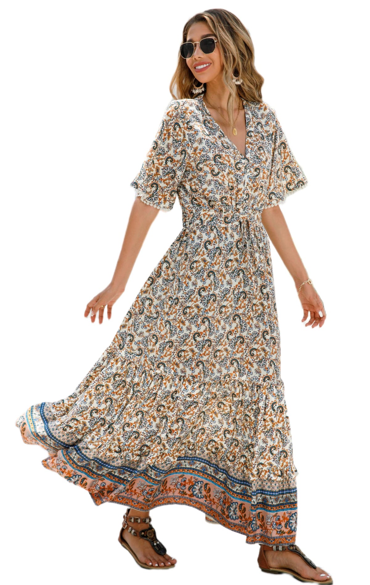 R.Vivimos Women's Summer Boho V Neck Button Up Short Sleeve Bohemian Print Ruffle Hem Beach Style Long Maxi Dress Vacation Dress(Large,Beige-Floral)