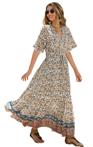 R.Vivimos Women's Summer Boho V Neck Button Up Short Sleeve Bohemian Print Ruffle Hem Beach Style Long Maxi Dress Vacation Dress(Large,Beige-Floral)