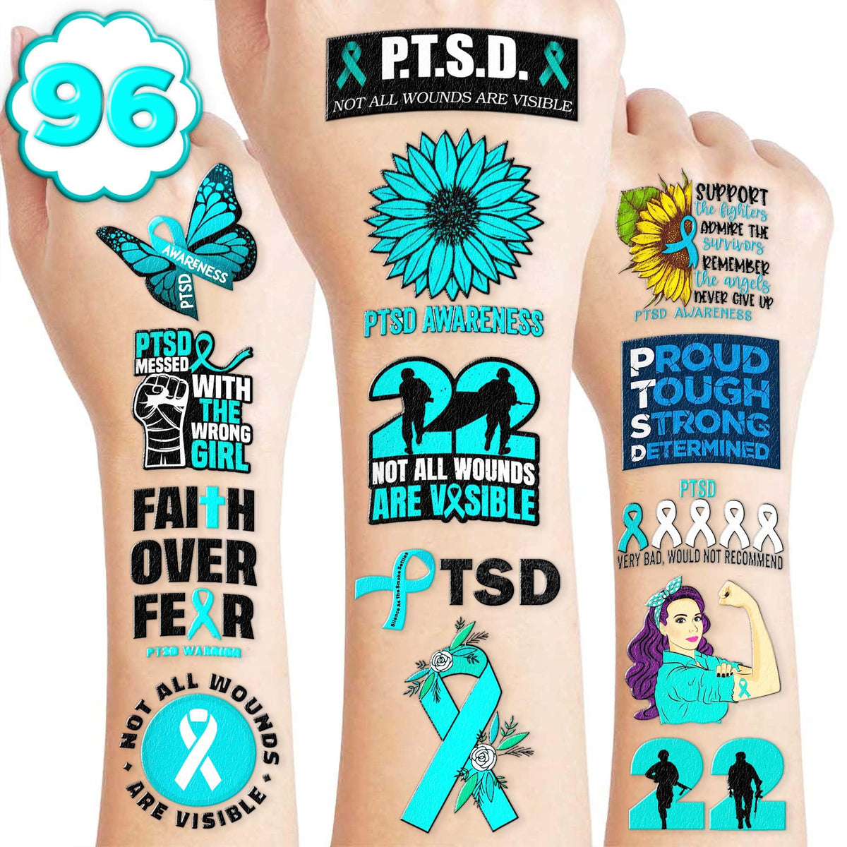 Generic 105 PCS PTSD Awareness Stickers Tattoos Teal Awareness Ribbon Veteran Party Decorations Supplies Favors Gifts for Kids Adults Men Women Prizes Rewards