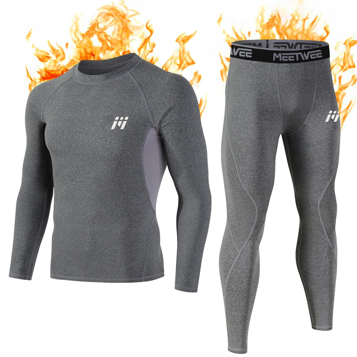 MEETWEE Mens Thermal Underwear Set, Winter Long Sleeve Base Layer Quick Dry Long Johns Compression Suit for Workout Skiing Running Hiking, Grey, XL