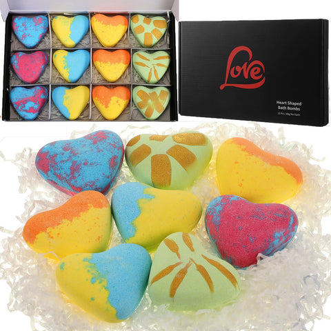 Loopeer 12 Pcs Heart Shape Bath Bombs Gift Set, Women Bubble Spa Bath Bomb Handmade Bath Fizz Balls Party Favors Relaxing Bubble Bathbombs Gifts for Wife Girlfriend(Colorful Gradient)