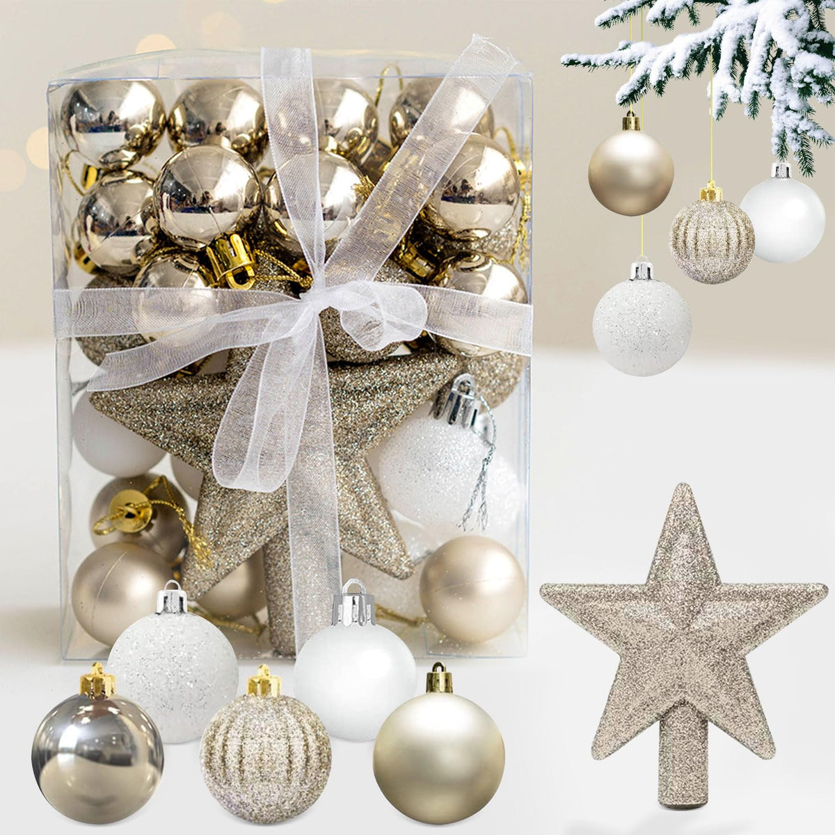 White & Gold Mini Christmas Decoration Set - 30 Plastic Baubles, 3 cm