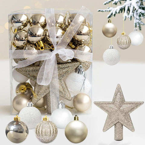 White & Gold Mini Christmas Decoration Set - 30 Plastic Baubles, 3 cm