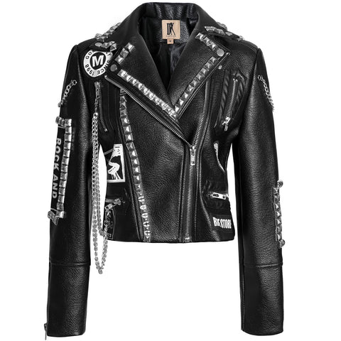 DARKSHE Women's Faux Leather PU Jacket, Graffiti Studded Rivet Punk Biker Moto Fashion Coat with Long Sleeve, Nightwalker, Black/Chain, L