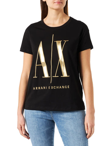 Armani Exchange Women's Icon, Regular fit, Maxi Gold Embroidered Logo T-Shirt, Black, M