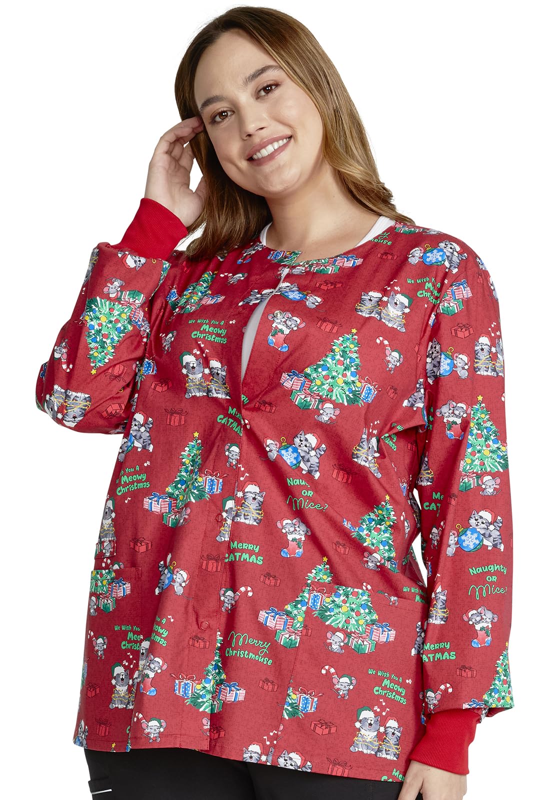 Cherokee Prints Women Warm Up Scrubs Jacket Snap Front CK301, L, Meowy Christmouse