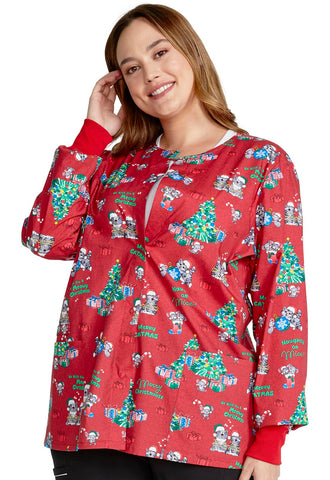 Cherokee Prints Women Warm Up Scrubs Jacket Snap Front CK301, L, Meowy Christmouse