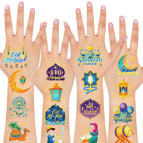 HOWAF 96pcs Eid Mubarak Temporary Tattoos, Ramadan Kareem Themed Face Tattoos Stickers for Boys girls with Star Moon Castle Patterns for Eid Party Decorations, Ramadan Mubarak Fake Tattoos