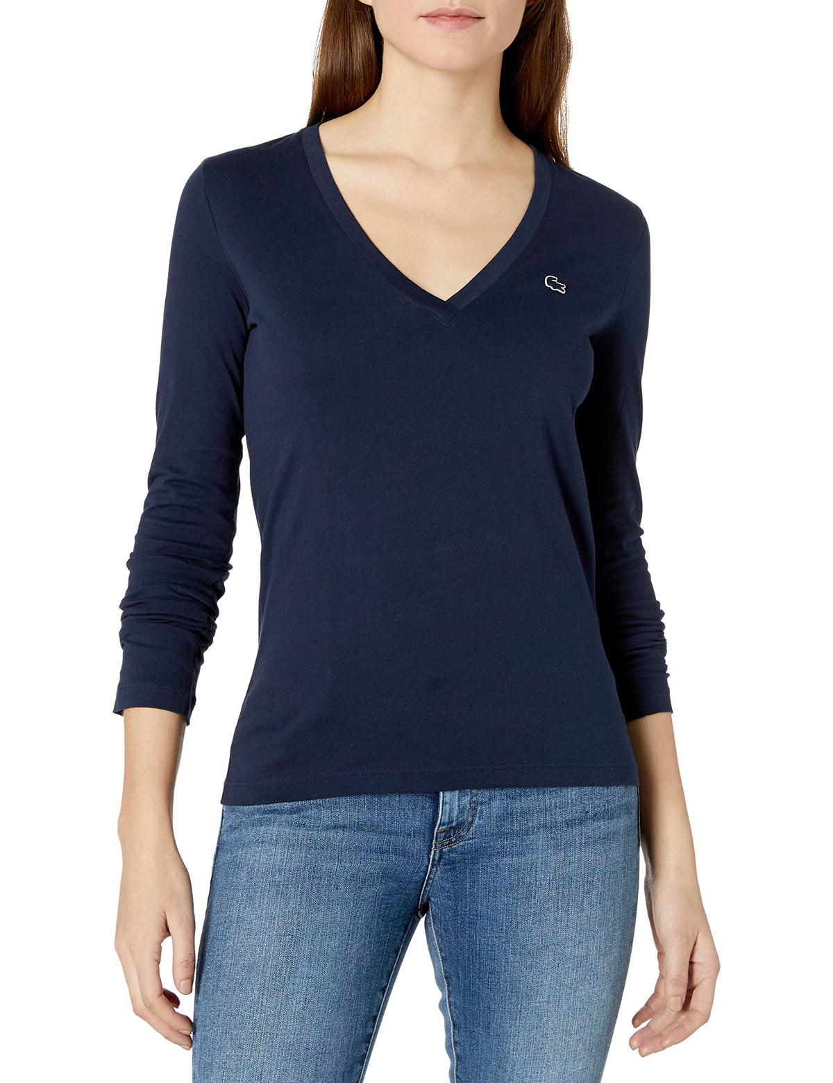 Lacoste Women's Long Sleeve Cotton Jersey V-Neck Tee Shirt, Navy Blue, 40