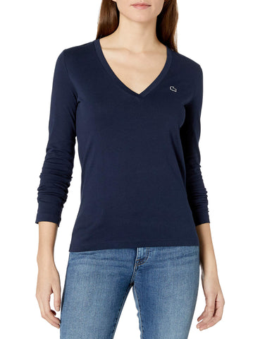 Lacoste Women's Long Sleeve Cotton Jersey V-Neck Tee Shirt, Navy Blue, 40