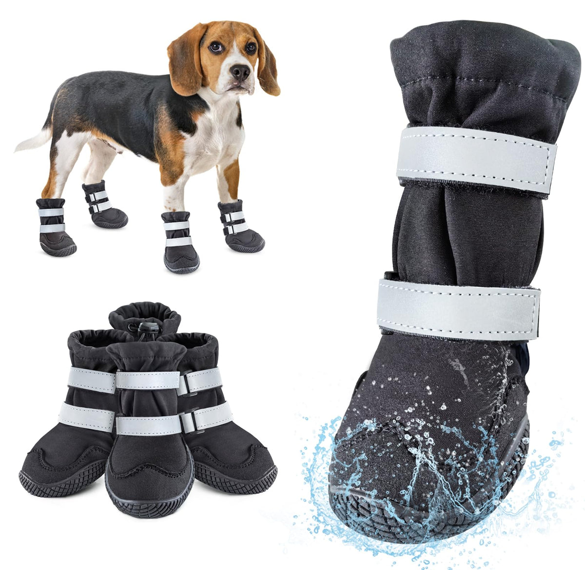 Idepet Dog Boots for Small Large Dogs, Anti-Slip Dog Shoes Waterproof Paw Protection for Snow Rain, Reflective Straps Winter Dog Booties (Black, Size 2: 1.7''(Width))