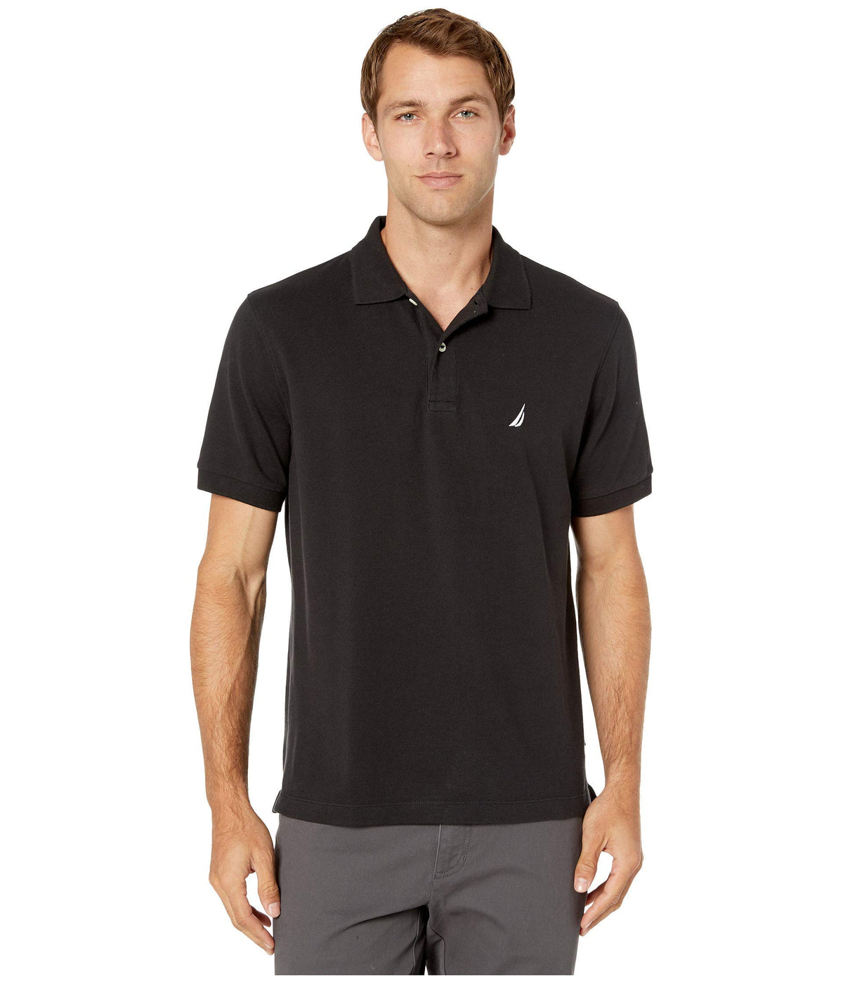 Nautica Men's Short Sleeve Solid Cotton Pique Polo Shirt, True Black, Medium