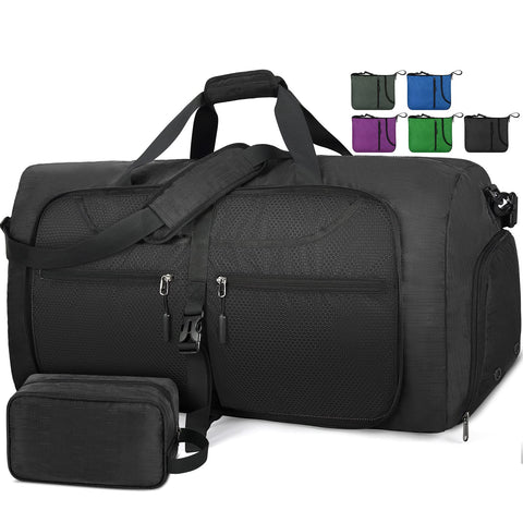 Lubardy Travel Duffle Bag for Men Sports Bag Foldable Weekend Overnight Bag Women Water Resistant Holdall Bag with Toiletry Bags Black 65L
