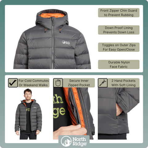 NORTH RIDGE Mens Tech Down II Jacket with Adjustable Hood, Mens Winter Jacket, Mens Down Jacket, Mens Hiking & Outdoor Recreation Clothing (UK, Alpha, L, Regular, Regular, Grey)