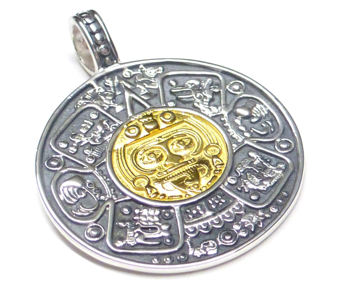 Maya Calendar Pendant Gold-Plated 925 Sterling Silver Gold Plated in Centre Gift Jewellery Unisex Protection Symbol
