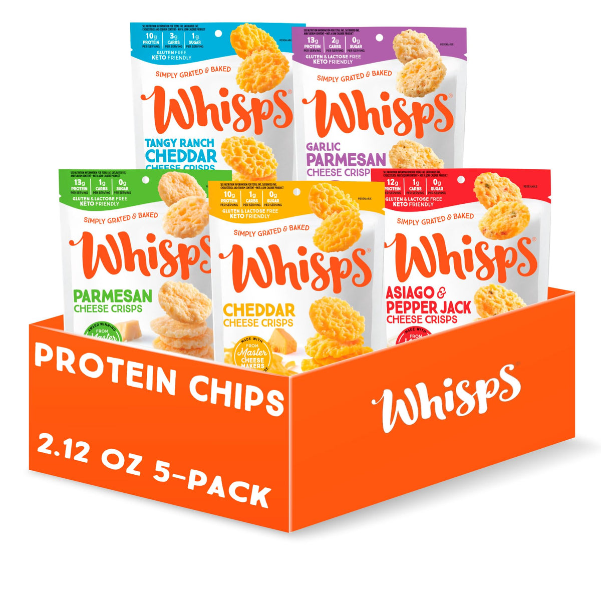 Whisps Cheese Crisps Variety Pack | Protein Chips | Healthy Snacks | Protein Snacks, Gluten Free, High Protein, Low Carb Keto Food | Parmesan, Cheddar, Asiago, Garlic Herb, Ranch (2.12 Oz, 5 Pack)