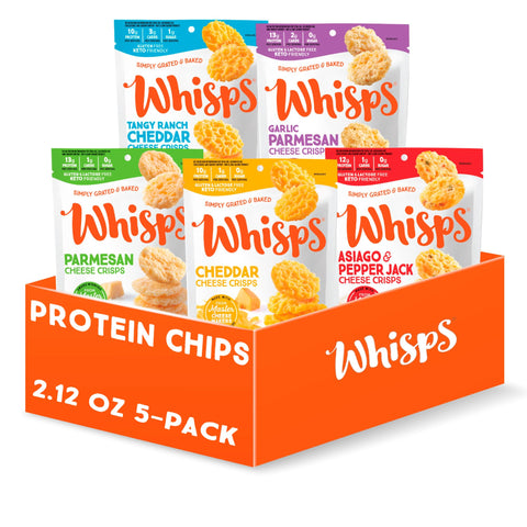 Whisps Cheese Crisps Variety Pack | Protein Chips | Healthy Snacks | Protein Snacks, Gluten Free, High Protein, Low Carb Keto Food | Parmesan, Cheddar, Asiago, Garlic Herb, Ranch (2.12 Oz, 5 Pack)