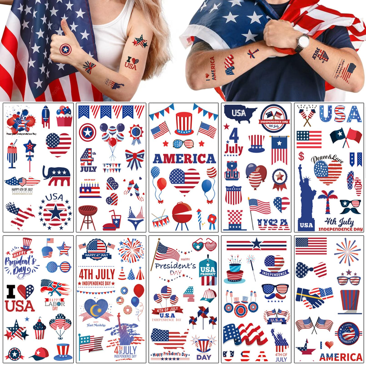 10 Sheets American flag Independence Day Temporary Tattoo Stickers For July 4th Parades And Celebrations, Easy to Use and Removal