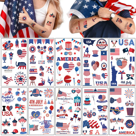 10 Sheets American flag Independence Day Temporary Tattoo Stickers For July 4th Parades And Celebrations, Easy to Use and Removal