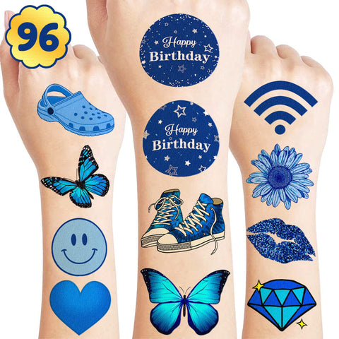 Blue Temporary Tattoos Theme Birthday Party Decorations Supplies Favors Decor Cute Stickers Tattoo 8 Sheets 96 PCS Gifts for Kids Boys Girls Classroom Rewards Prizes Christmas