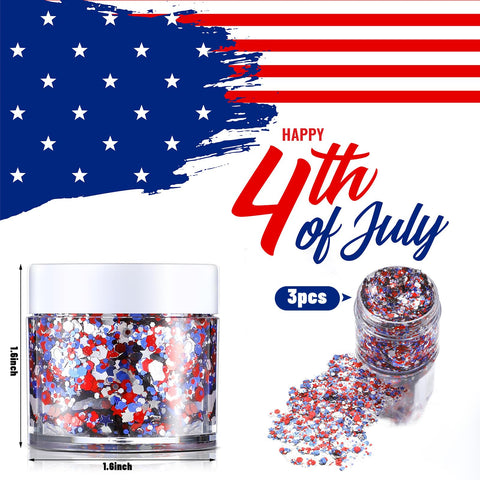 Swiffen 3 Pcs Independence Day Face Glitter Chunky Glitter with Gel Patriotic Memorial Day Body Glitter 4th of July Accessories for Women Face Paint Makeup Decorations(Red, White, Blue)