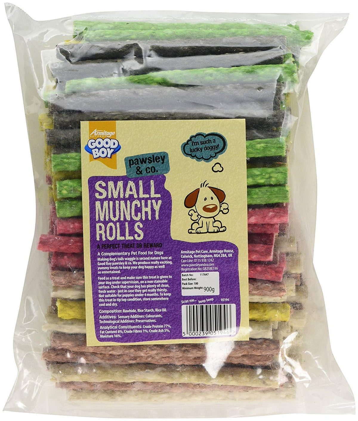 2XMunchy Dog Treat Small Assorted Rolls, 125mm x 9/10mm, Pack of 100