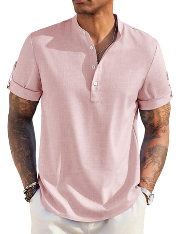 COOFANDY Men's Casual Henley Shirt Short Sleeve Band Collar Linen Shirt Summer Beach Hippie T-Shirts Pink