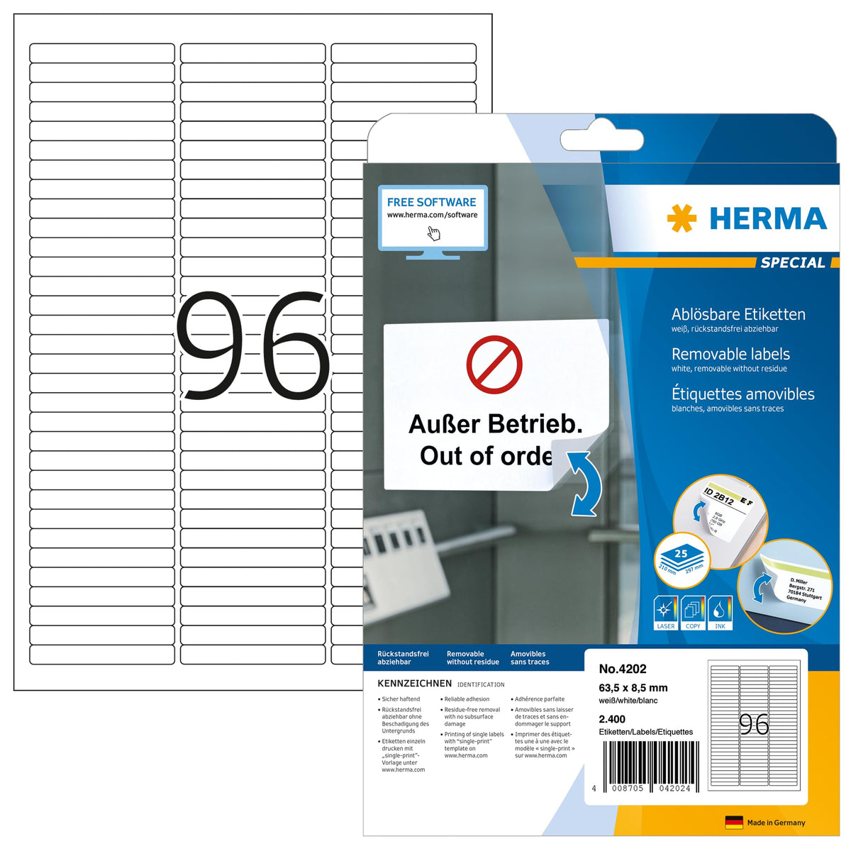HERMA Self Adhesive Removable Labels, 96 Labels per A4 Sheet, 25 Sheets, 63.5 x 8.5 mm, 2400 Labels, Blank Multipurpose Labels Stickers, Sticky Labels for Laser & Inkjet Printer, White