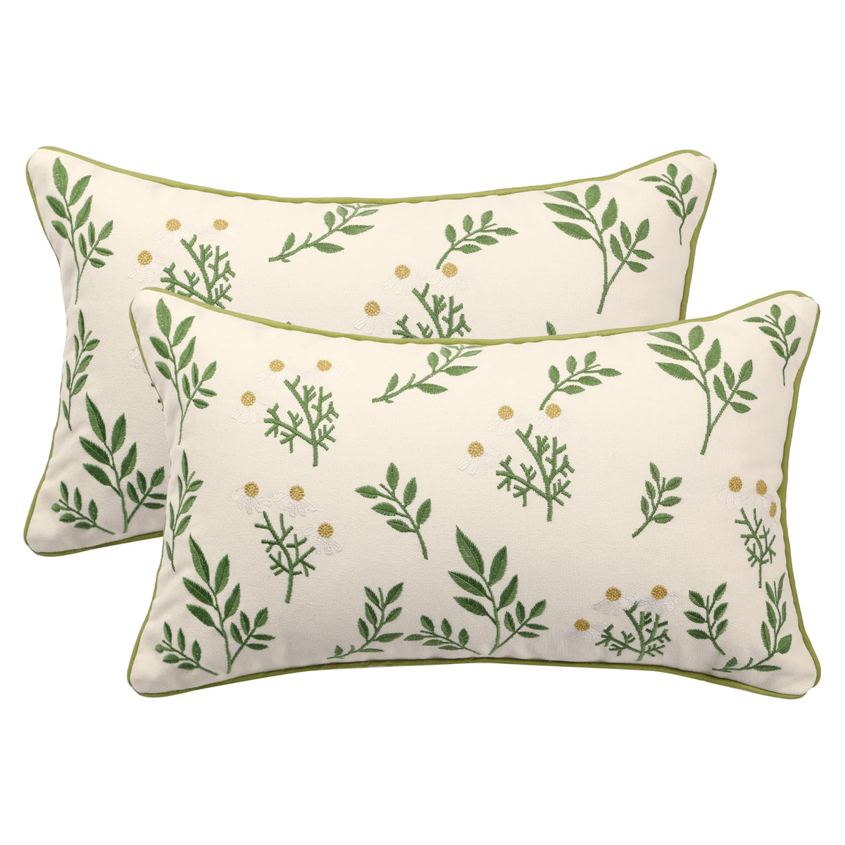 Tosleo Embroidered Throw Pillow Covers 12x20 inch Pack of 2 Green Little Daisy Decorative Pillowcases Farmhouse Cotton Pillow Cushion Cases Home Decor Square Floral Pillow Case